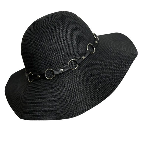 Black Straw Sun Hat Floppy Raffia Cute Silver Chain Great Sun Protection #B07 - Picture 4 of 6